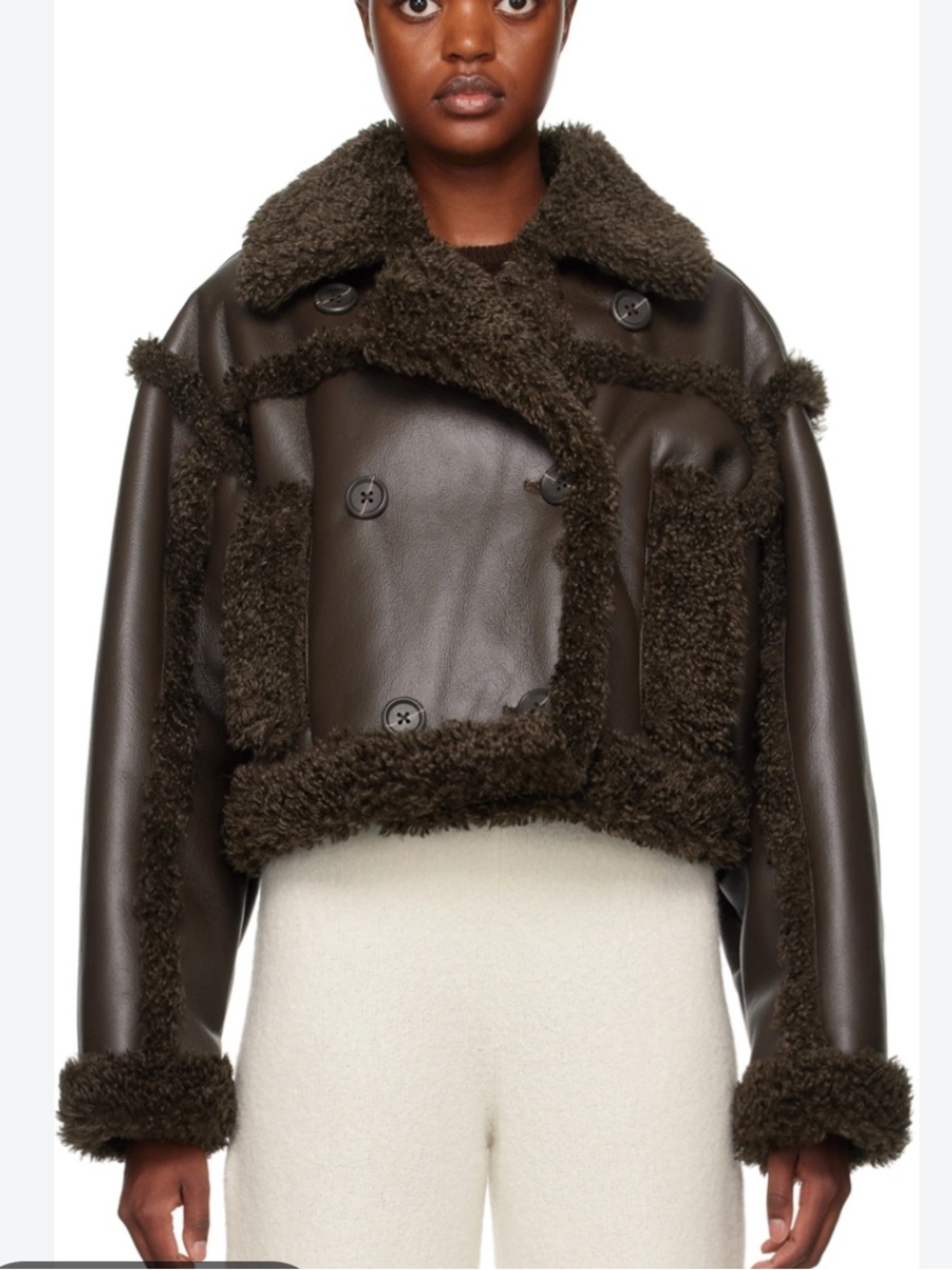 Stand Studio Kristy Faux-Shearling Trim Leather Jacket Brown